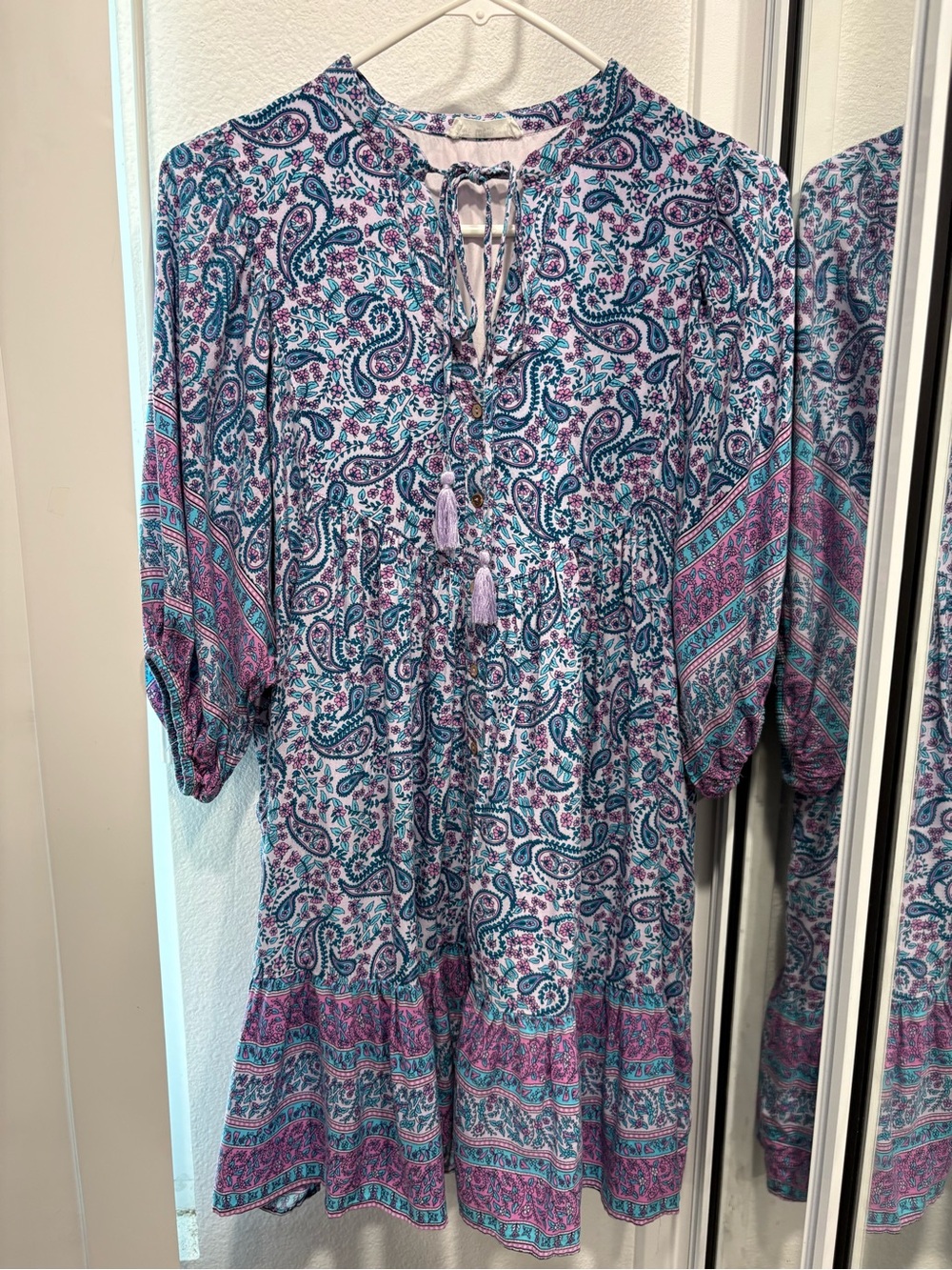 Boho Paisley Tie-Front Midi Dress in Teal & Lavender